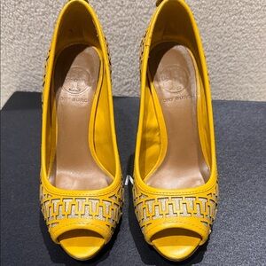 Tory Burch Yellow Cutout Peep-Toe Heels